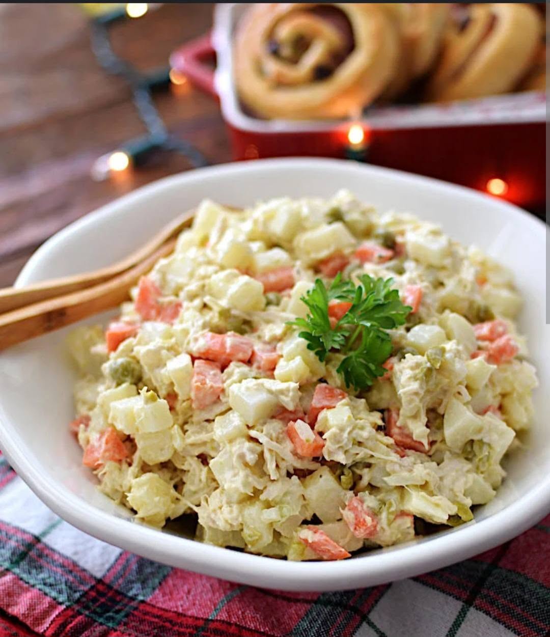 Venezuelan chicken salad on a holiday tablecloth