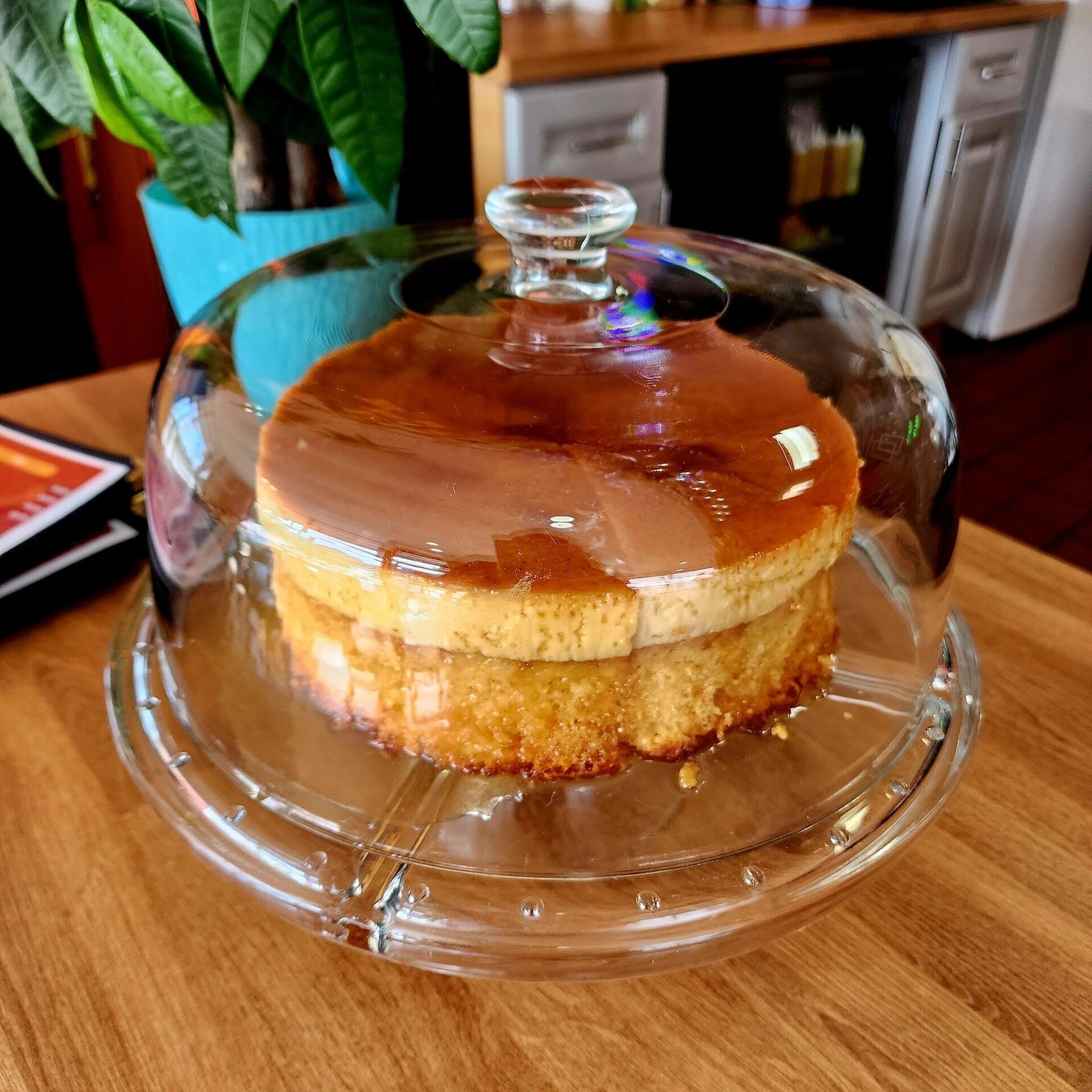 1Chick 1Bro: quesillo under a glass dome on the café table